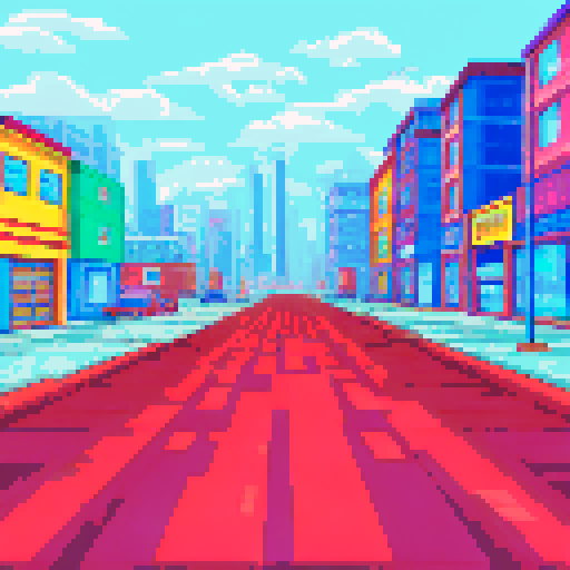 Empty parking lot with cracked asphalt, surrounded by brightly colored houses and tall buildings, with a sprawling map of the city in the background, all rendered in vibrant pixel art, large area