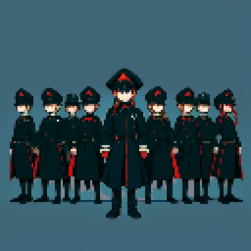 soldiers lined up, black uniforms, black hats, skull masks, lined up, facing camera, full-body image