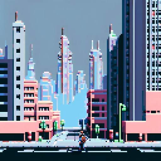Cityscape, towering skyscrapers, bustling streets, retro video game vibes, blocky pixelated buildings, grey palette, 8-bit art style,ARNE32 palette