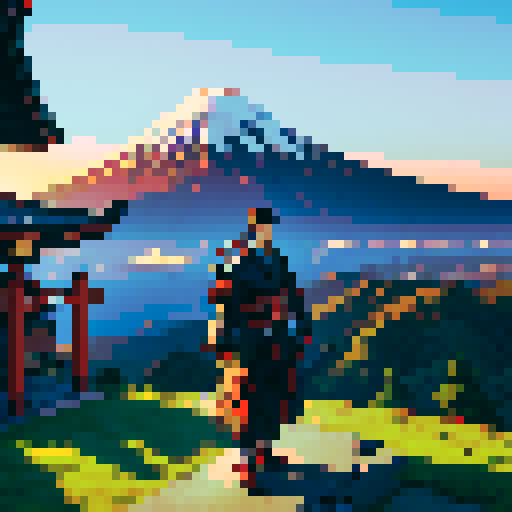Japanese samurai, on top of mountain wih view of a shrine and Mt Fuji in the background. 