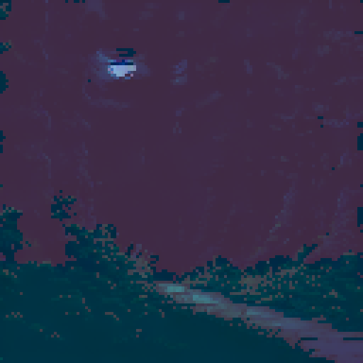 dark, moonlit forest, towering trees, glowing eyes, misty path, eerie shadows, pixelated leaves, ethereal glow, twisted branches, starry sky, mysterious figures, silhouettes, haunting atmosphere