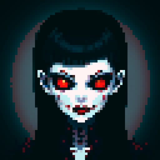 ghoul icon, vampiric style, pixel art, sRGB, hauntingly glowing eyes, pale skin, sharp fangs, blood-red lips, menacing aura, eerie atmosphere, gothic details