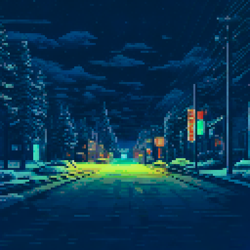 glowing neon sign reflecting off the snowy ground, road covered in a white snowy blanket, distant treeline silhouette, sRGB, pixel art, background, landscape