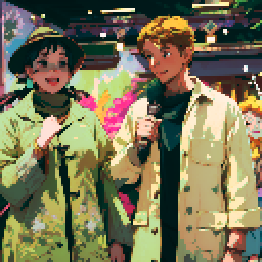 adventurers exploring a vibrant and mystical forest, surrounded by towering trees and sparkling streams, capturing their awe-struck expressions with vintage microphones, highlighting their friendly camaraderie through smiles, all depicted in a breathtaking landscape portrait with intricate character designs, showcasing the beauty of pixel art in every meticulously detailed element