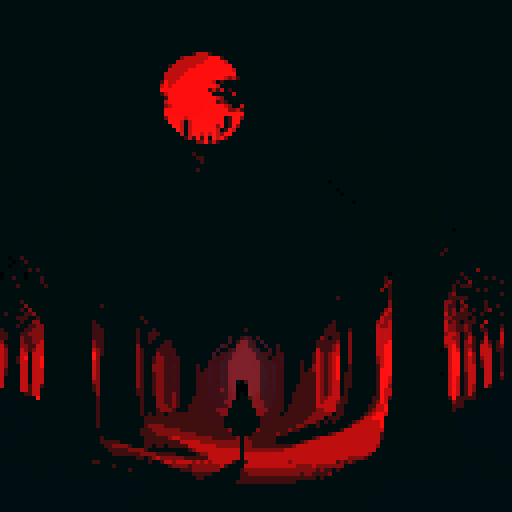 pixelated, shadowy silhouette, twisted trees, ominous moonlight, hidden secrets, sinister figures, eerie fog, blood-red sky, haunting atmosphere, mysterious pathways