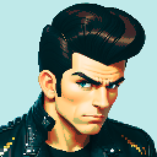 Muscular, tough greaser man with a pompadour hairstyle, wearing a motorcycle jacket, pixel art, sRGB colors, portrait, face avatar