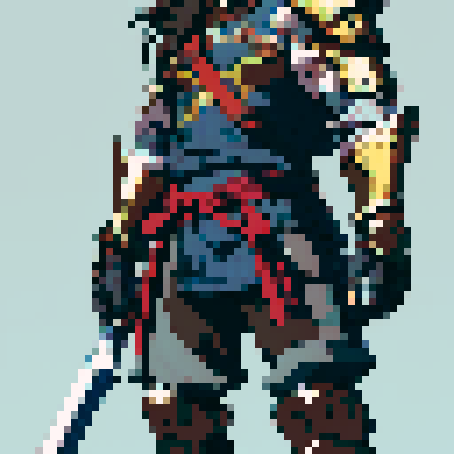 male, athletic and muscular fuzzy hair, wearing light armor that offers some protection rendered in a 64x64 pixel full body sideview style