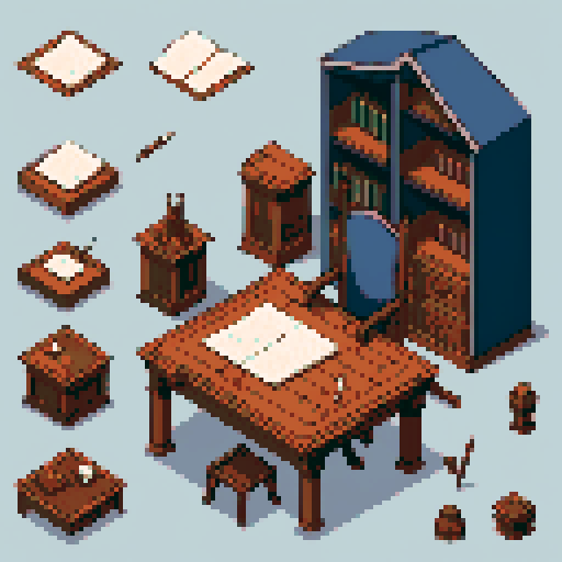 building, inside, block, wood, isometric, medieval, writing table, feather pen, ink, paper, papers, royal seal, law, dark, close