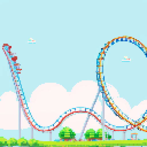 Amusement park, vibrant roller coasters, whimsical carousels, towering ferris wheels, sRGB colors, pixel art

