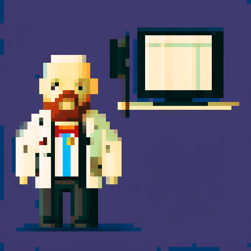 A pixelated, bald doctor with broad shoulders, a short black beard, a lab coat, and a stethoscope.
