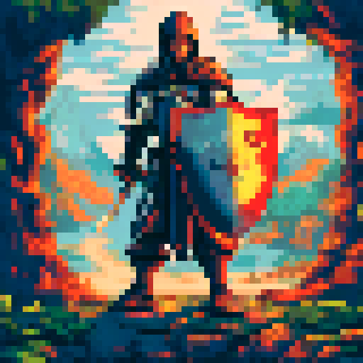 crusader with sword and wooden shield, pixel style, epic, gothic 