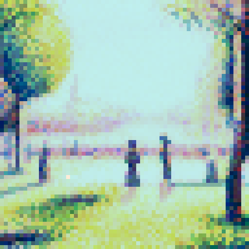 Mimic Georges Seurat’s pointillist technique by translating the details of the image into small, evenly spaced pixels with soft, blended colors. Focus on subtle, muted tones to evoke Seurat’s impressionist style, creating a calm and serene atmosphere. Ensure that the pixelated image reflects the original composition but maintains the abstract, dotted feel of pointillism, while avoiding vivid or harsh colors, opting instead for smooth, harmonious transitions between shades.