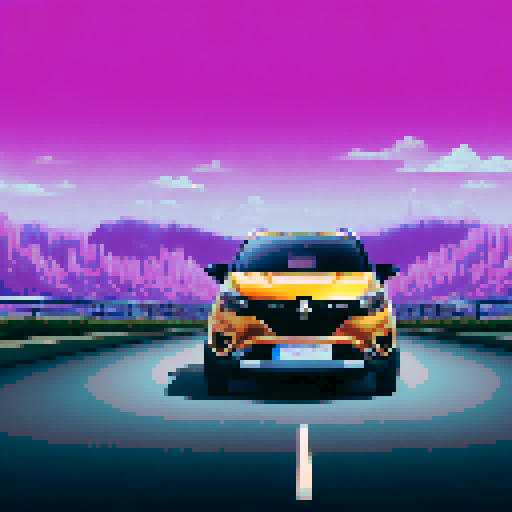 Photorealistic whole Renault Captur, centered, three-quarter view, right front wheel, clean background, sRGB colors, pixel art style