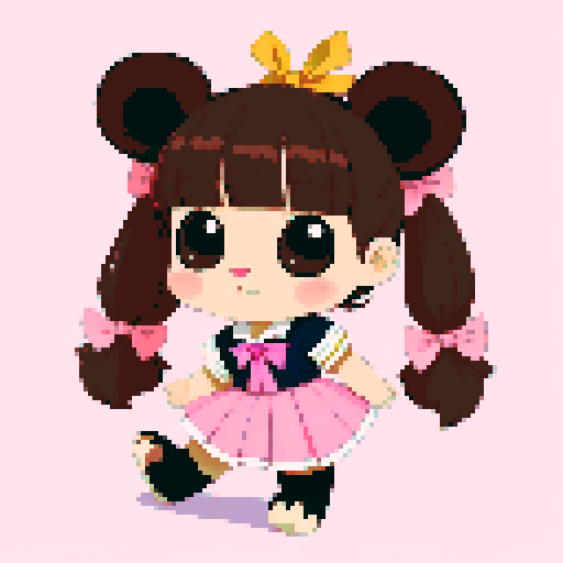 This image features a stylized bear inspired by retro 1995 anime, in a chibi art style. The bear has, expressive black eyes and a cute, brown skin. The hair is styled in long twin pigtails, accented with pink and gold ribbons, matching the color theme of the outfit, which includes a sailor-style collar and a pink bow. This bear has a mascot pose. The background depicts a detailed wild magic night with shining stars and a dark waterfall. This is a typical example of how popular anime characters