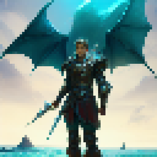 "Beach-bound boy, adorned in armor and wielding a glowing sword, gazes longingly at the shimmering sea as a majestic dragon soars overhead in the vibrant, otherworldly landscape of a fantasy RPG."