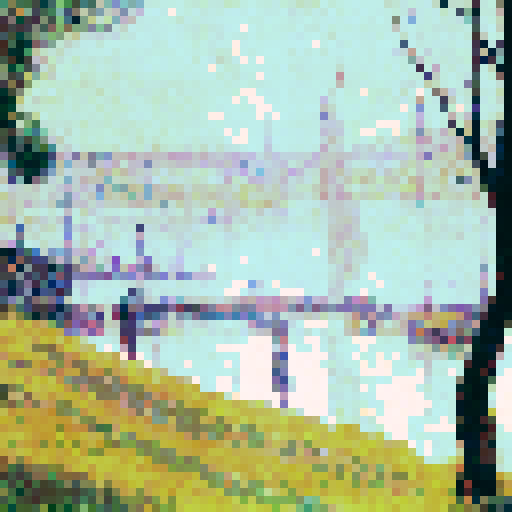 Mimic Georges Seurat’s pointillist technique by translating the details of the image into small, evenly spaced pixels with soft, blended colors. Focus on subtle, muted tones to evoke Seurat’s impressionist style, creating a calm and serene atmosphere. Ensure that the pixelated image reflects the original composition but maintains the abstract, dotted feel of pointillism, while avoiding vivid or harsh colors, opting instead for smooth, harmonious transitions between shades.