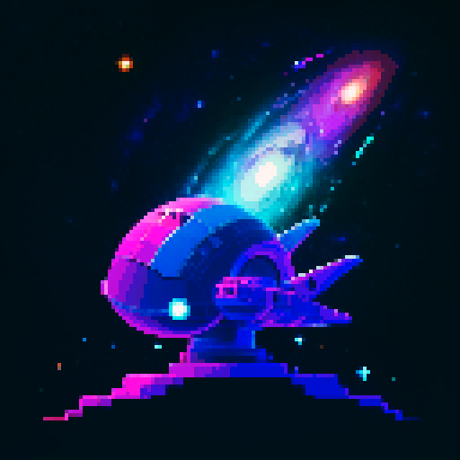 spaceship, sideview, vibrant galaxy, swirling nebulas, twinkling stars, pixel art, srgb