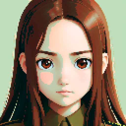 young girl, large round eyes, brown hair, brown eyes, wearing combat army uniform, upper body close-up, clean and detailed, centered composition, beautiful girl, long flowing hair, detailed eyes, slim figure, soft smile, round face, like Japanese anime