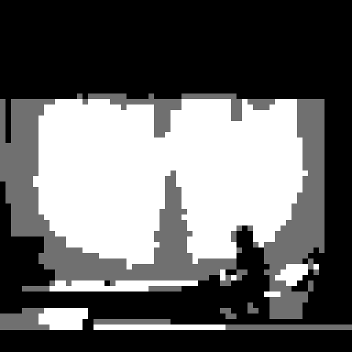 As you approach the bar counter, its wooden surface rough and pixelated. Resting on the worn wood is an old, tattered book. black and white, 16 bit, first person