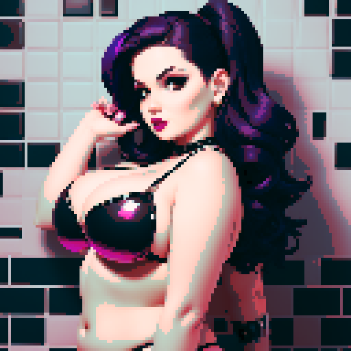 curvy, busty goth girl, close up face glamour shot, leather bikini, modern tile backsplash, vivid colors, pixel art, sRGB