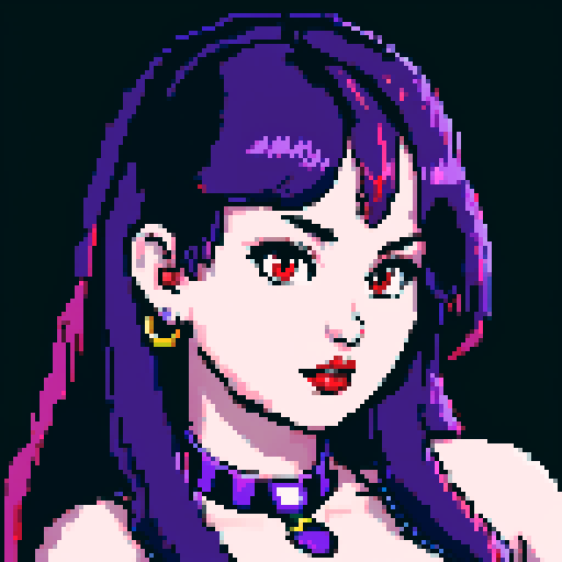 Thicc, busty goth girl, long purple hair, eyeliner, red lipstick, nude breast, studded collar, up close face portrait, vibrant sega genesis palette, nude pixel art portrait,