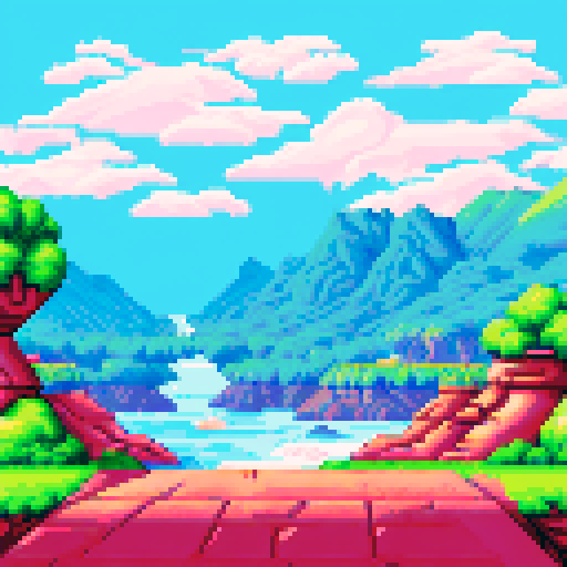 Gaming Heaven logo in pixel art with letters formed like fluffy clouds, set against a vibrant sRGB background depicting a sprawling, mountainous landscape