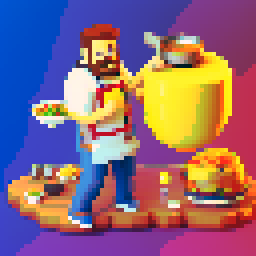 cooking chef with moustache, frying pan in hand, pixel art, vibrant sRGB colors
