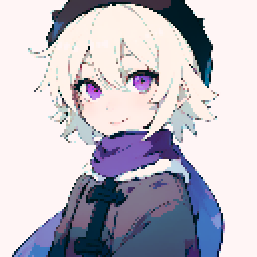 Male, light purple eyes, pale skin, blonde hair, sprite, black winter clothes, fur collar, short messy hair, looking at viewer, small smile, solo male, low details, uncropped, ushanka, dialog sprite, fantasy clothes, smile, bangs, messy hair, hair between eyes, medium hair, tired eyes, purple scarf, thick lines, sRGB, pixel art