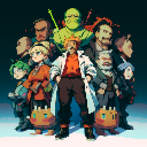 fat mad scientist, facing left, full-body image, exaggerated features, pixelated details, robot workshop backdrop, sRGB color palette