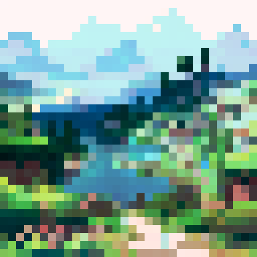 L-shaped lake with muted pixel art depicting a survival landscape in a landscape style