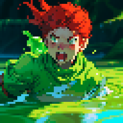 hero sinking into slime, hero drowning in slime, hero has red hair, hero has silver armor, reaching up, panic, sinking deep into slime