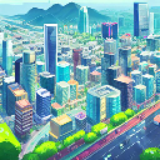 Neon-lit skyscrapers tower over bustling streets filled with chrome-colored cars and graffiti-covered walls in this top-down, GTA2-style cityscape inspired by the vibrant energy of Los Angeles.