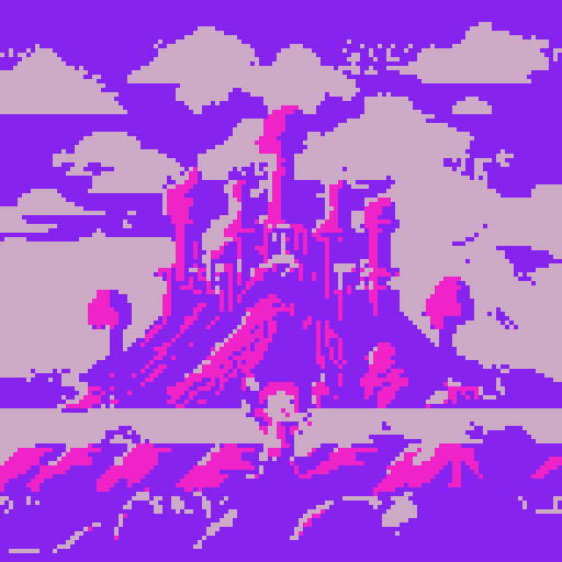 kawaii cheerleaders with pigtail hair, neon colors, against a pixel art background featuring a galaxy in the sky and a meat landscape