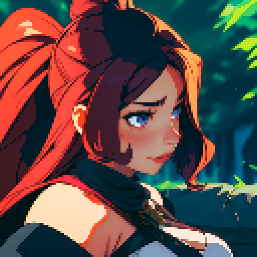 A seductive, curvaceous woman with flowing hair, skillfully pleasuring a throbbing member, in a pixelated, sRGB art style