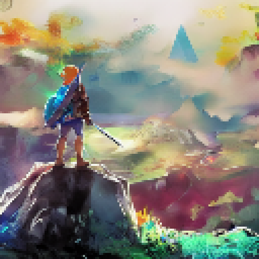 Link from legend of zelda standing on a mountaintop overlooking Hyrule field