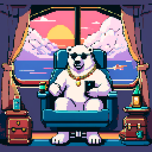 "An 8-bit pixel art of a polar bear lounging in a luxurious private jet. The bear, adorned with gold chains, sunglasses, and a snapback, sits in a plush leather seat, sipping a drink while holding a tablet displaying cryptocurrency charts. The cabin features sleek, modern design with LED accents, stacks of crypto coins on a side table, and large windows revealing a stunning view of clouds and a sunset, blending wealth and crypto success with high-altitude luxury."