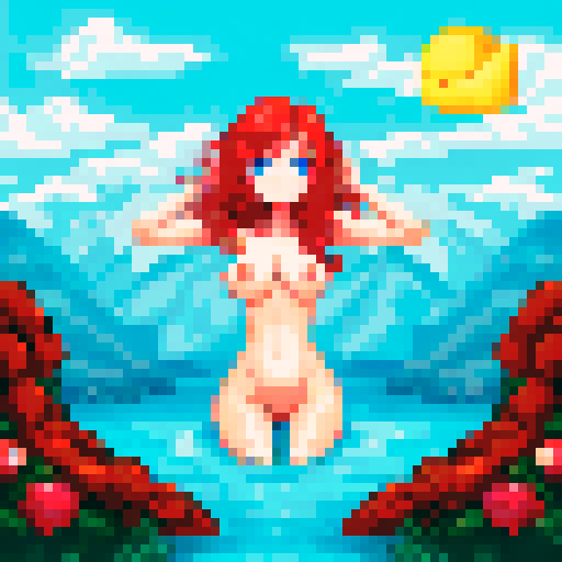 cute sexy girl, 14 years old, nude, hot, big boobs, red hair, coy smile, blushes, sRGB, pixel art, background, landscape