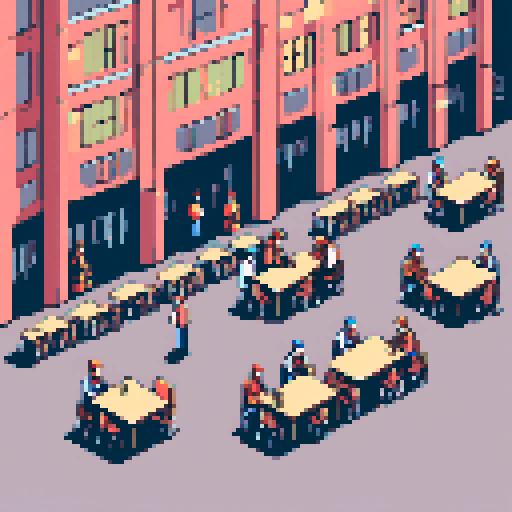 visualize a warehouse cafeteria in which some workers are sitting on tables while some are standing