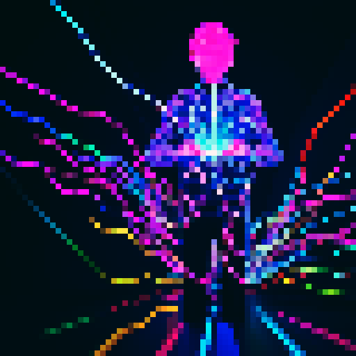 pixelated Marc Zuckerberg casting a spell, glowing lines of code swirling around him, holographic machine learning models floating in the air, vibrant colors illuminating the dark room, digital sparks flying from his fingertips