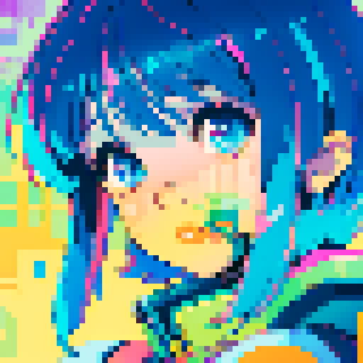 neon pixelated holographic woman short hair cute on computer screen
