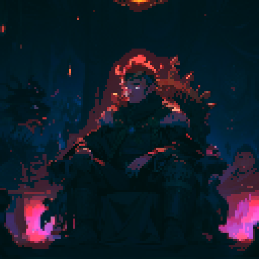 warlord sitting on a grand, golden throne, surrounded by flickering torches, adorned with a regal, fur-trimmed cloak, in a dimly lit chamber with intricate tapestries, all depicted in vibrant, pixelated sRGB style