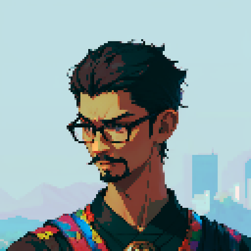 Southeast Asian man, short curly hair, round glasses, tanned, goatee, diamond shaped face, Wearing a black cloaks