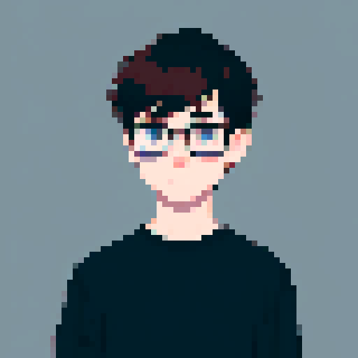 portrait, sprite art, young man, sad, narrow eyes, nerd, muted colors, depressed