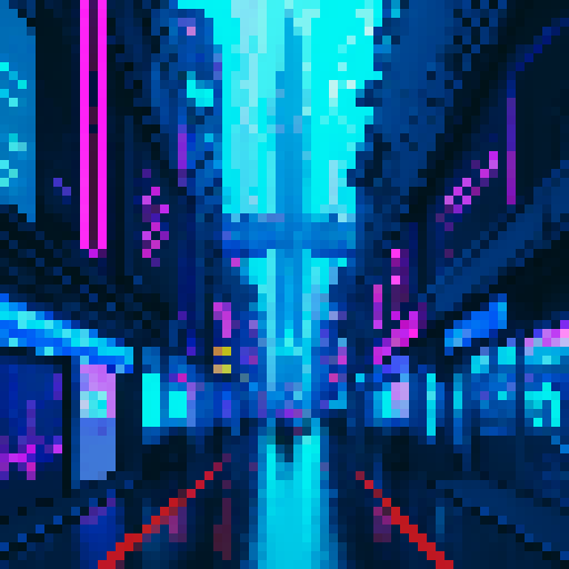 deep blue, neon-lit, towering skyscrapers, metallic sharks, glowing circuitry, flickering holograms, glitched-out billboards, rain-soaked streets, robotic falcons, steam rising, futuristic graffiti, vibrant neon signs, bustling androids, illuminated alleyways, cybernetic felines, pulsating energy, glitchy glitchpunk, digital rainbows, pixelated perfection, electrified atmosphere