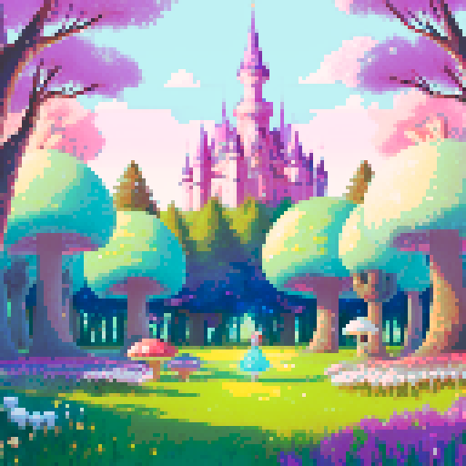 A magical battleground viewed from the inside of a vibrant forest clearing, with a flat grassy surface dominating the foreground. Glowing mushrooms and sparkling flowers line the edges, while tall, enchanted trees and distant castle spires form the background. Soft pastel colors and ambient magical light create a whimsical yet open space for battles.