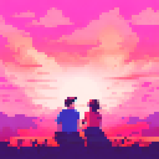 couple sitting against the scenery,a sunny day,pixel art
