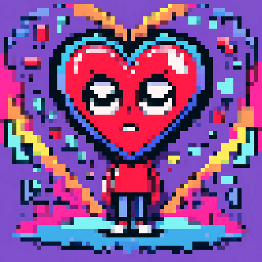 heart cracked down the middle, pixel art, cartoon style, vibrant colors, expressive lines, exaggerated emotions, whimsical details