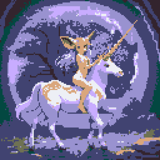 mystic druid wild woman unicorn faun hybrid bathed in moonlight, with a playful demeanor, cloven hooves, showcasing its full body in pixel art style with vibrant sRGB colors