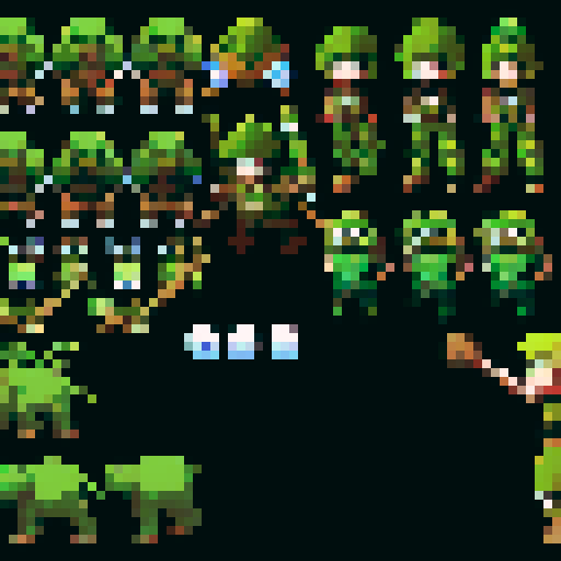 overhead view movement sprite sheet for a ranger in a rpg game serious and detailed with walking in all directions up down left right im using this in asprite tall using for animation of my game 