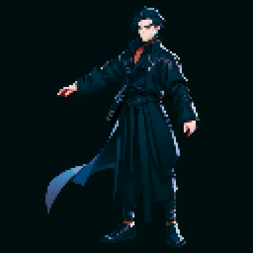 male character, black clothing, standard pose, full body, dark blue hair